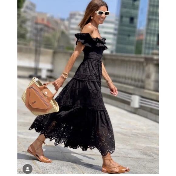 Zara Dresses & Skirts - Zara Black Embroidered Eyelet Off The Shoulder Ruffle Midi Dress XS